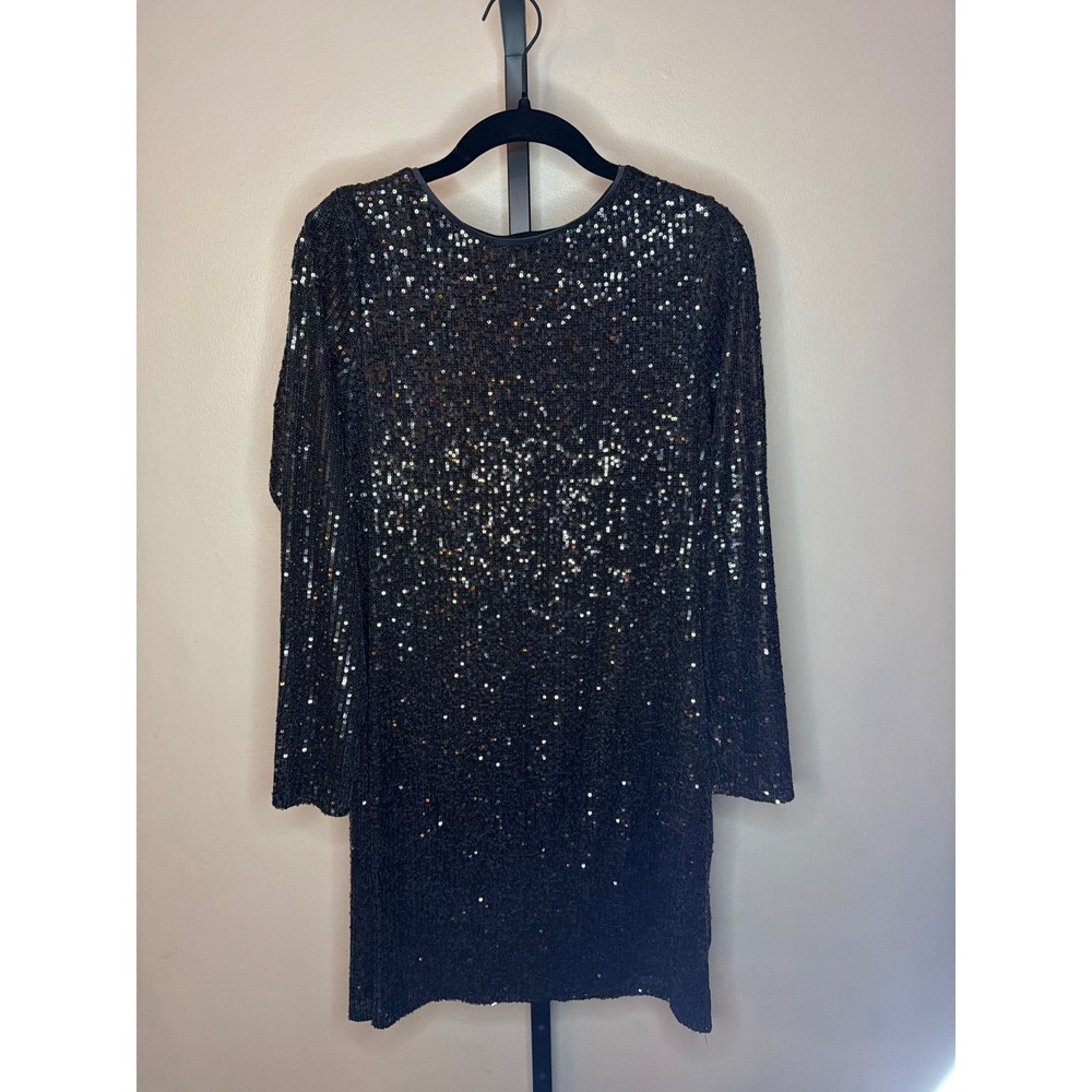 Ophelia Roe Black Sequin Long Sleeve Mini Shift Cocktail Dress Medium - Picture 1 of 3